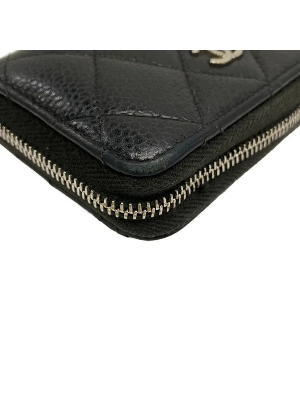 Chanel Coin Case Quilted Black Zip Around CC Logo Silver